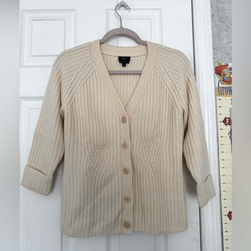 Talbots Petite P Pure Merino wool beige ivory Cardigan v neck